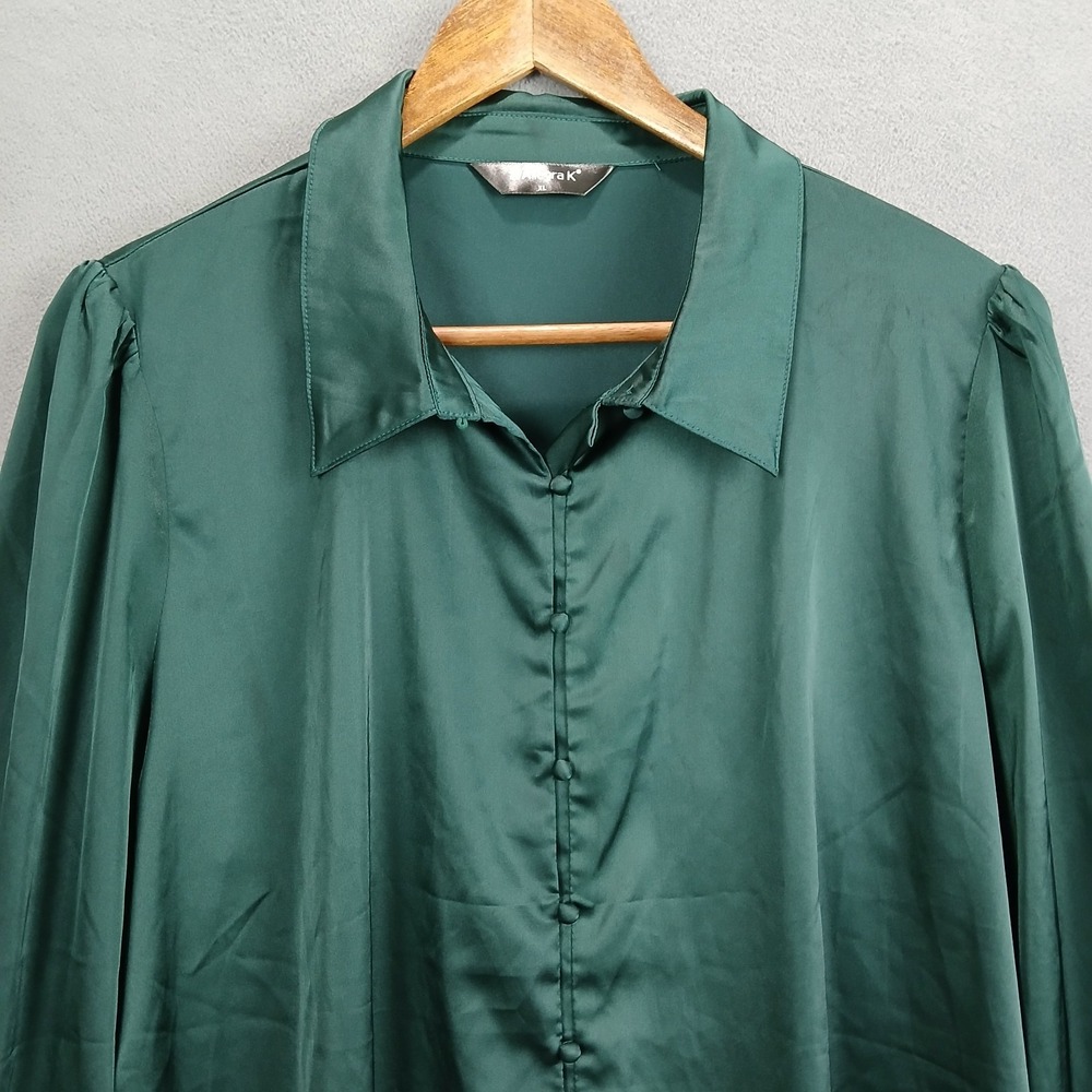 Allegra K Shirt Womens XL Dark Green Collared Puff Sleeve Button Front Casual - Picture 3 of 8